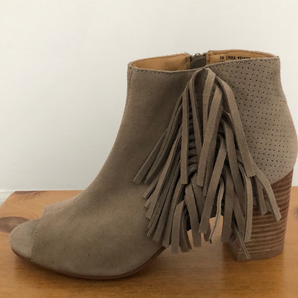 BRAND NEW peep toe booties with fringe detail